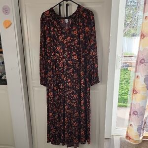 Floral Long Sleeve Midi Dress - Deep Maroon With Pink And Orange Floral